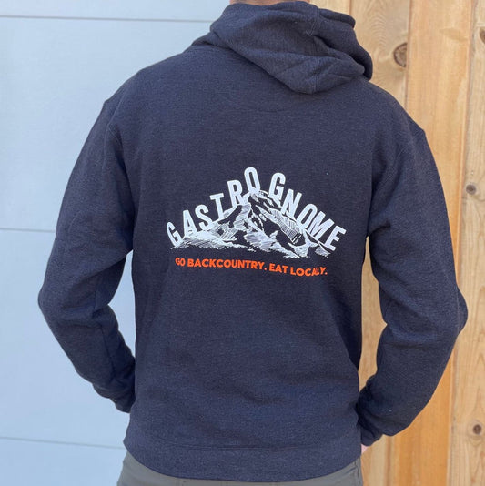 dark heather gray hoodie go backcountry back logo